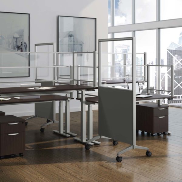 office with adjustable desks and mobile cubicle panels